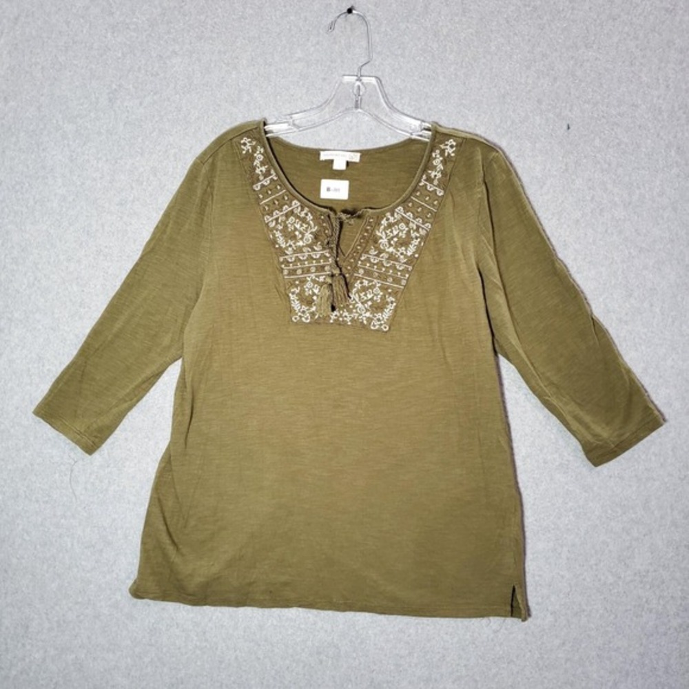 Westport Women Top Large Green Floral Blouse Embroidered Tasseled 3/4 Sleeve